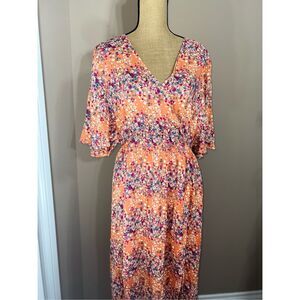 Umgee Boho Maxi Dress Size XL Orange Floral Print V Neck Chiffon Sundress NWOT